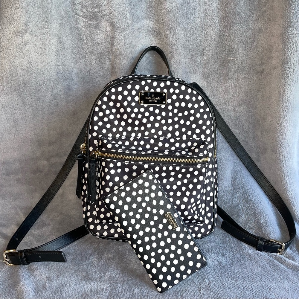 Kate Spade Black and White Nylon Polka Dot Backpack and Wallet Combo